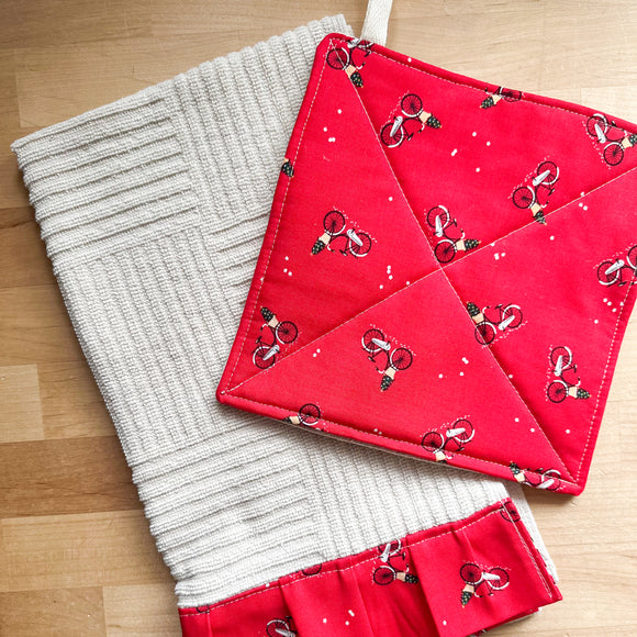 Towel & Potholder Set -  Christmas Bicycles